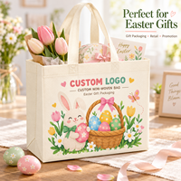 Sacola de Tecido Não Tecido com Estampa de Coelhinho da Páscoa, Cesta de Ovos e Tulipas, Personalizável com Logotipo, Ecológica, Reciclável e Reutilizável para Presentes