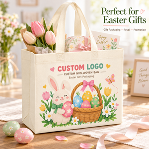 Sac fourre-tout en tissu non tissé imprimé lapin de Pâques, panier d'œufs, tulipes et prairie, avec logo personnalisé, écologique, recyclable, réutilisable, cadeau - Product Image 4
