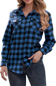 Wholesale Womens Long Sleeve Buffalo Plaid Flannel Shirt Double Chest Flap Pockets Black White <b>Checkered</b> Casual Button Down Blou - Product Image 2