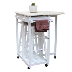 Carrello da Cucina Moderno in Rovere Bianco con Sgabelli Rotondi Regolabili, Carrello da Pranzo Pieghevole Semicircolare con Manico in Legno - Product Image 2