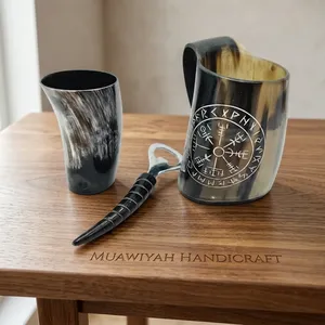 แก้วน้ำทำมือคุณภาพเยี่ยมจากเขาควาย  ตกแต่งด้วยลายเข็มทิศวาวาซอร์ และมีหูจับโค้งมนเรียบเนียน - Product Image 6