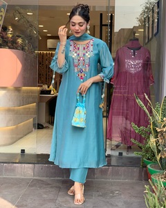 Women's Sky Blue Color Straight Chanderi Silk <b>Kurti</b> with Chanderi Pant Best Quality Organza digital Print Dupatta Sets - Product Image 4