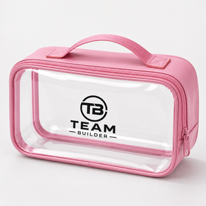 Sac de toilette personnalisé rose transparent pour la salle de bain |   Sac de voyage transparent pour cosmétiques avec fermeture éclair et poignée, étiquette privée OEM |   Lavable et durable - Product Image 2