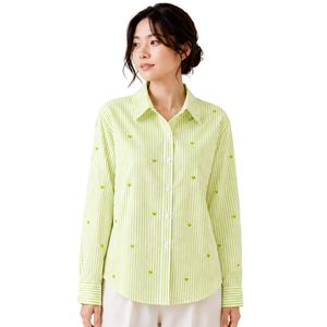 Camisa de Mujer a Rayas Verde Lima y Blanco, Blusa de Algodón de Manga Larga con Botones, Bordado de Corazón, Corte Holgado, Estilo Casual, Talla Grande - Product Image 1