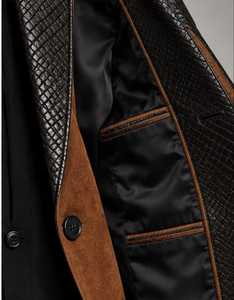 Chaqueta de cuero marrón y negra para hombre con cuello vuelto y cierre de botones - Product Image 5