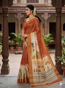 Sari con estampado digital de árboles en naranja y beige, traje tradicional indio para bodas, para mujer, largo hasta el suelo, corte regular. - Product Image 2