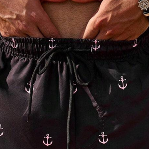 Short de bain noir pour homme, imprimé ancre, logo frontal, 100 % polyester, séchage rapide, taille élastique avec cordon de serrage, décontracté, été, natation, usage quotidien - Product Image 4