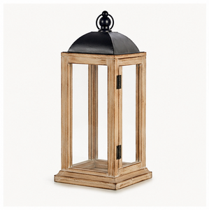 Lanterne rustique en bois de style ferme avec dessus en métal noir, grand porte-bougie décoratif pour centres de table de mariage - Product Image 1