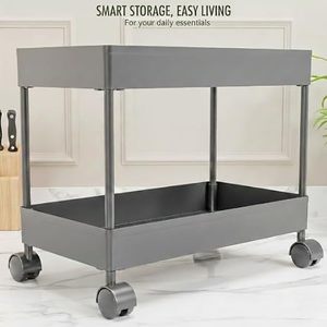 Chariot de rangement de cuisine moderne à double niveau avec roulettes pour l'organisation des épices et des fruits en gris - Product Image 4