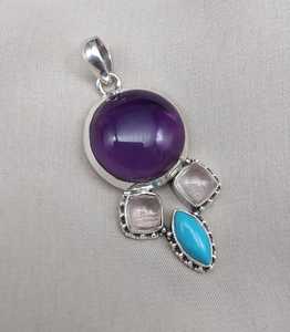 จี้อเมทิสต์ โรสควอตซ์ เทอร์ควอยซ์ เงินแท้ 925 ประดับพลอยสีม่วงและชมพูธรรมชาติ เครื่องประดับหรูหราสำหรับผู้หญิง - Product Image 2