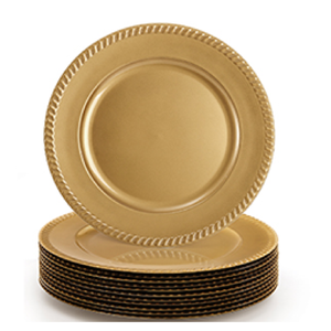Assiette de présentation classique en cuivre avec bordure en corde, centre lisse et réfléchissant, et ton doré. Unité disponible à prix de gros dès maintenant. - Product Image 1