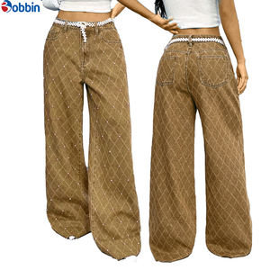 Jeans de Mezclilla Personalizados para Mujer, Corte Recto, Casuales, Otoño/Primavera, Decorados con Perlas Tejidas, Cintura Baja, Lavables, Lavado Arena, Corte Regular - Product Image 1