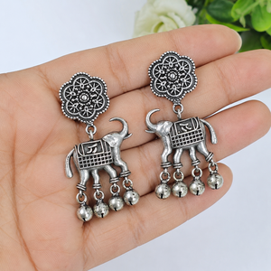 MOQ Available Oxidized Silver Animal Drop Earrings <b>Elephant</b> Motif Antique Silver Plated Indian Traditional Women Bulk Supplier - Product Image 2