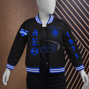Chaqueta de béisbol Delta Sigma Theta Sorority para mujer, color negro y azul real, chaqueta de la hermandad DST, diseño de logotipo personalizado - Product Image 1