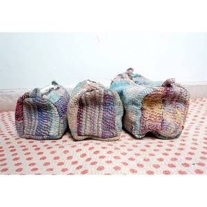 Lot de 3 trousses de toilette matelassées vintage en coton 100 % avec fermeture éclair et pompons, grand format, écologiques et portables pour femmes - Product Image 3