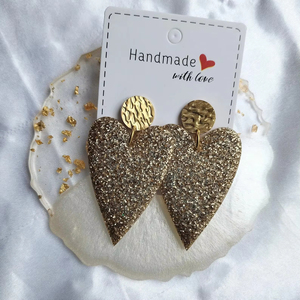 Pendientes de Corazón Hechos a Mano con Purpurina Dorada y Discos Texturizados, Joyería de Moda para Regalo del Día de San Valentín - Product Image 1