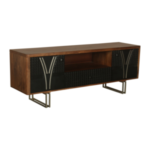 Solid Mango Wood Tv Console CNC Carved Media <b>Unit</b> Storage Cabinet Two Door One <b>Drawer</b> Iron Base Entertainment Stand Furniture - Product Image 3