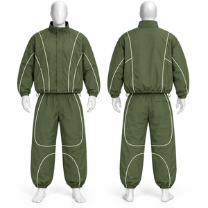 Survêtement unisexe vert coupe-vent avec veste zippée et pantalon, couleur unie, tenue de sport décontractée pour adultes, idéal pour l'automne - Product Image 1