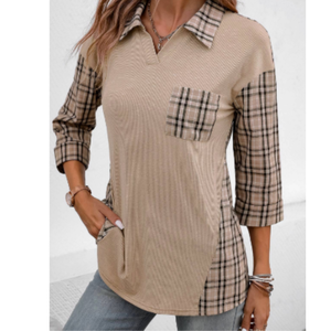 Chemise en popeline à carreaux vintage de haute qualité pour femme, col en V, poche poitrine, décontractée, manches longues, respirante - Product Image 2