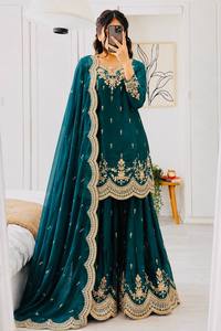 Nuevo Conjunto de Traje Sharara con Dupatta de Satén Reversible para Bodas y Fiestas Diwali, con Bordado y Lentejuelas, de Secado Rápido y Antiarrugas - Product Image 3