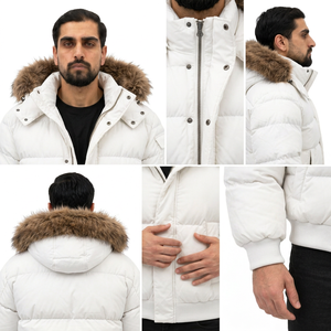 Men's <b>White</b> <b>Puffer</b> <b>Jacket</b> Hooded Fur Trim Cotton Filled Breathable Windproof Casual Winter Wear Loose Fit Zipper Closure - Product Image 6