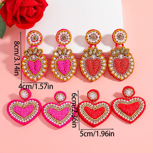 Valentine's Day <b>Pink</b> Seed Beads <b>Braided</b> Drop Earrings Female Cute Heart Shape Crystal Handmade Beaded Earrings for Women - Product Image 3