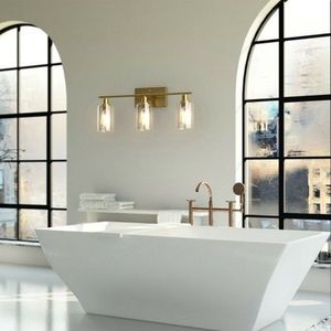 Modern 3-Light Bathroom <b>Wall</b> <b>Sconce</b> with Clear Glass Shade Golden Accents - Product Image 2