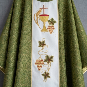 Chasuble gothique en damassé vert de qualité supérieure, brodée de vigne et de blé, pour le service religieux, vêtement liturgique catholique pour prêtre, robe de clergé pour la messe - Product Image 6