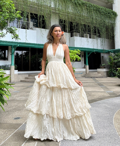 Luxury V-neck Boho Maxi <b>Dress</b> Smocked Waist Backless Tiered Ruffle White Knitted Organic Cotton Eco-Friendly Sexy Summer <b>Dress</b> - Product Image 5