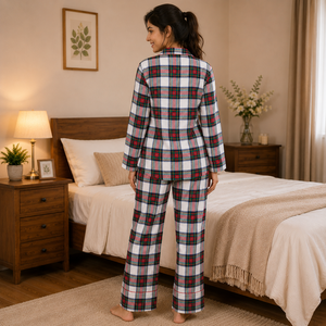 Women's Cotton Plaid <b>Pajama</b> Set Long Sleeve Button Down Sleepwear Two Piece Night <b>Suit</b> Comfortable Loungewear OEM ODM - Product Image 3