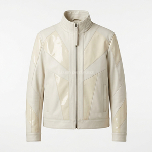 Custom Mens Cream Leather <b>Jacket</b> Supplier Wholesale High End Glossy Paneled Urban Streetwear Outerwear Fashion Moto <b>Racer</b> Coat - Product Image 1