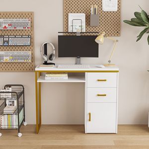 Scrivania per Computer 97*35*78cm in Truciolato Bianco e Tubi in Ferro con 2 Cassetti e 1 Anta, Versatile per Molteplici Scenari - Product Image 1