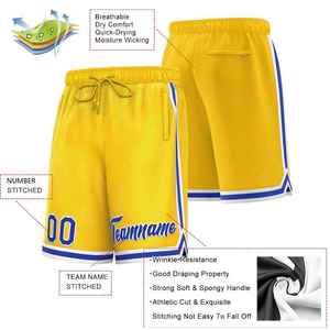Shorts de basketball personnalisés sublimés, jaunes avec bordure bleue, impression du nom de l'équipe, taille à cordon, tissu en mesh, unisexe, vêtements de sport pour adultes - Product Image 2