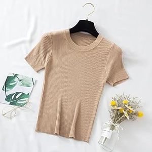 T-shirt côtelé élégant à col rond pour femme, manches courtes, essentiel d'été, nouvelle collection - Product Image 3