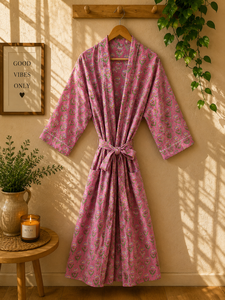 Vente en gros de robes kimono en coton pour femmes |   Col en V imprimé floral avec fermeture à cordon |   Manches 3/4, longueur cheville, respirant, été - Product Image 4