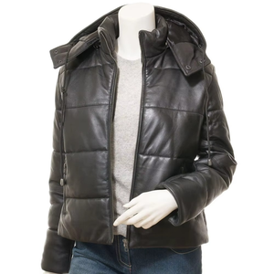 Chaqueta Acolchada de Cuero Genuino para Mujer con Capucha y Cierre de Cremallera, Estilo Invernal - Product Image 4
