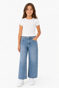 Jeans de Mezclilla Azules Premium de Pierna Ancha para Niñas, Cintura Alta, Casuales, de Algodón Suave, Corte Relajado, Prenda Inferior Elegante - Product Image 4