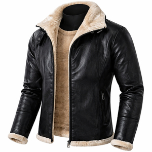 Chaqueta de Cuero Genuino para Hombre con Forro de Piel Sintética, Cuello Camisero, Estilo Motero, Resistente al Viento, Abrigo de Invierno, Corte Ajustado - Product Image 2