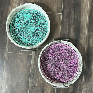 Plateaux de service ronds en cuir de vachette véritable, faits à la main par des designers de luxe, bac de rangement unique de style fermier, organisateur, plateau décoratif, panier - Product Image 5