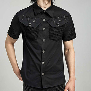 <b>Men's</b> Gothic Black Short Sleeve Shirt Top with Mesh Spliced Pockets, Buttons, and Safety Pin Rivets Decoration - Product Image 1