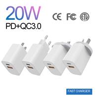 Chargeur mural rapide double port 20W PD QC3.0, adaptateur secteur multi-prises EU US UK AU, certifié CE FCC ETL pour téléphones et tablettes