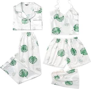 ชุดนอนผ้าซาตินไหมพิมพ์ลายคุณภาพสูง เนื้อนุ่ม น้ำหนักเบา สวมใส่สบาย ทรงคลาสสิก สีตามสั่ง ชุด 4 ชิ้น สำหรับผู้หญิง - Product Image 1