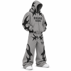Ensemble de survêtement streetwear unisexe personnalisé en molleton épais à capuche, coupe oversize, avec fermeture éclair intégrale, pantalon de survêtement ample, couleur unie, design 2-en-1, vente en gros - Product Image 3