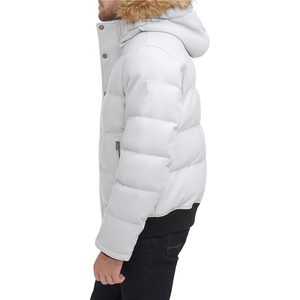 Veste d'hiver décontractée pour homme en duvet blanc avec capuche en fourrure, coupe régulière, fermeture éclair, couleur unie, coupe-vent - Product Image 4