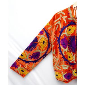 Orange Velvet Embroidered Bohemian <b>Coat</b> Mandarin Collar Three Quarter Sleeve Handcrafted Floral Pattern Autumn Wear Reversible - Product Image 5