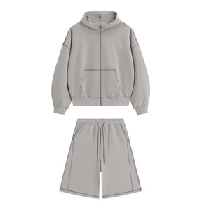 Ensemble de survêtement français épais et ample 2 pièces : sweat à capuche zippé et short, ensemble de détente surdimensionné assorti - Product Image 3
