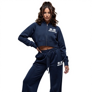 Conjunto Deportivo Premium B.B INDUSTRY para Mujer, Sudadera Corta con Cremallera Color Verde Salvia + Pantalones Deportivos Anchos, Ropa Deportiva de Invierno, Felpa de Algodón - Product Image 2
