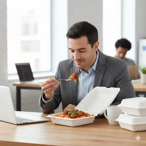 Contenedores de comida para llevar tipo clamshell 8x8, desechables, de bagazo, ecológicos, biodegradables, impermeables, con tapas abatibles, libres de BPA - Product Image 1