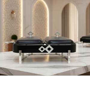 Plat à réchaud double noir avec accents ornés de diamants, poignées argentées et couvercles élégants pour événements de buffet de luxe et mariages - Product Image 4
