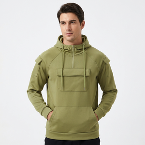 Sweat-shirt à capuche mi-zippé vert olive pour homme, en molleton, vêtement de travail, avec poche avant, cordon de serrage réglable, 100% coton, 380g - Product Image 3